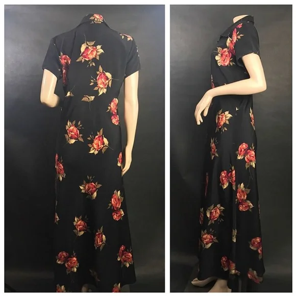 Vintage 90s Rose Print Black Dress - Picture 2 of 3